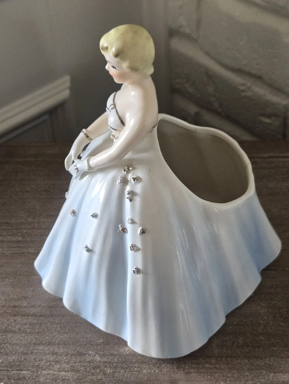 Vtg 50s Porcelain Ceramic Makeup Figurine/Storage, Brush,Jewelry